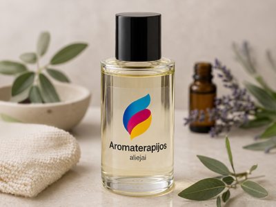 Aromaterapijos aliejai su natūralios išvaizdos kosmetikos etiketėmis