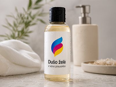 Dušo želė ir kūno prausikliai su kosmetikos etiketėmis